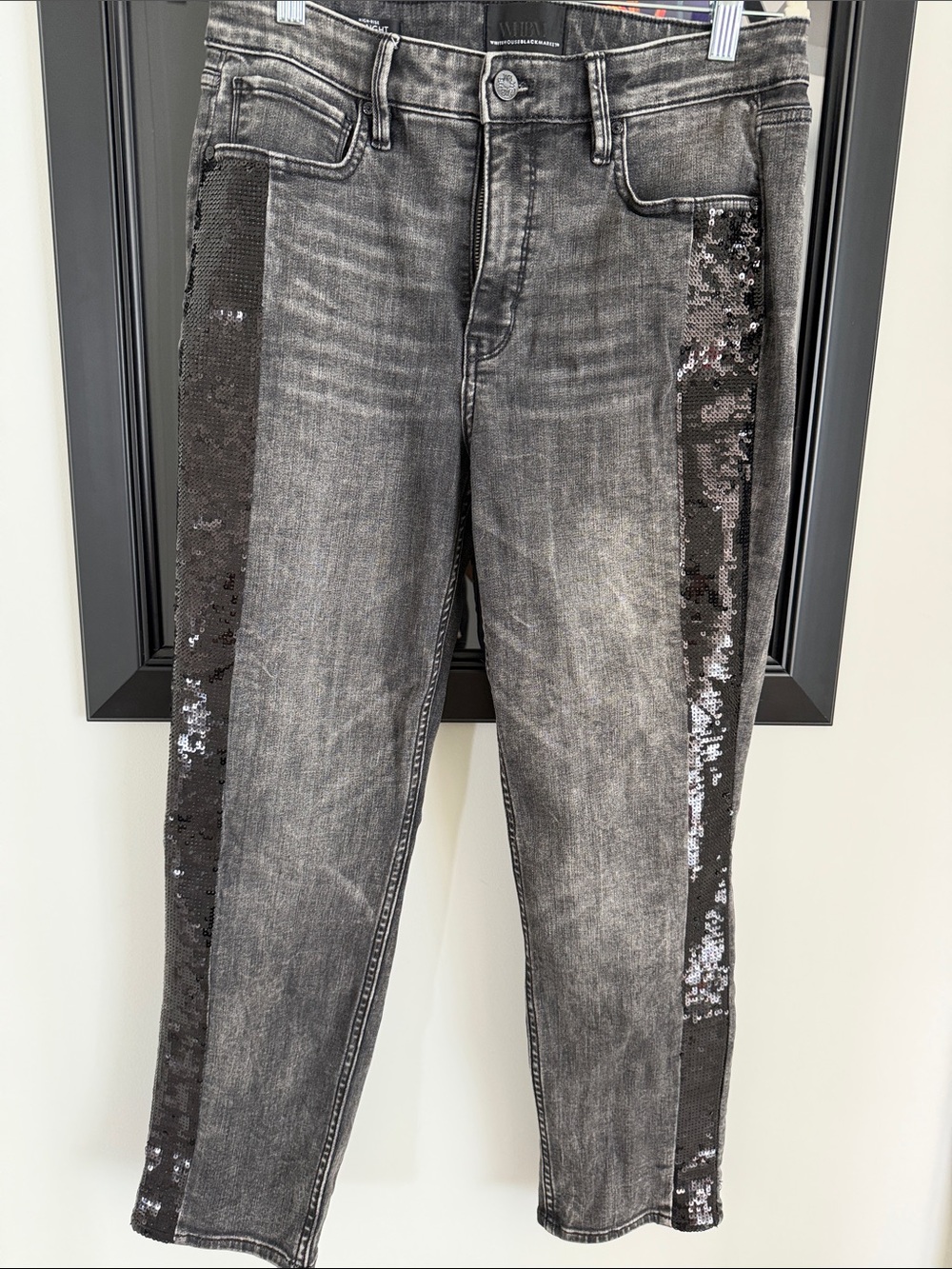 White House Black Market Black Washed Cropped Jeans with Sequin Side Stripes